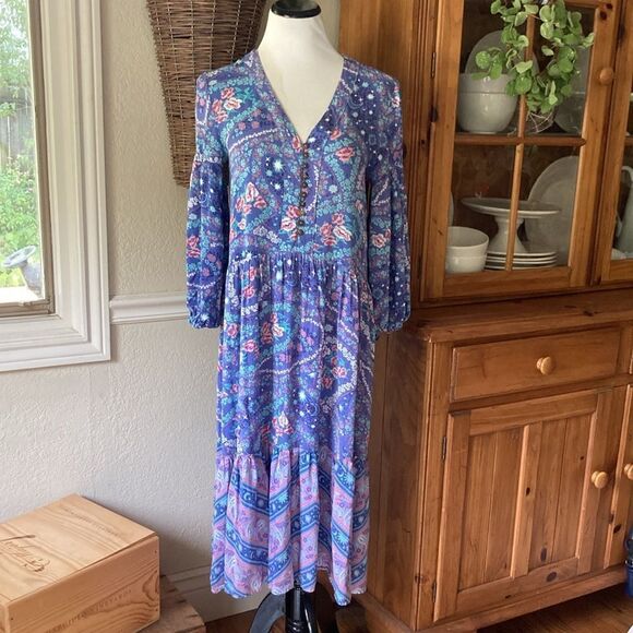 R. Vivimos Floral Paisley Print Flowly Boho V-Neck MIDI Dress Women’s 8/10 - Picture 1 of 15